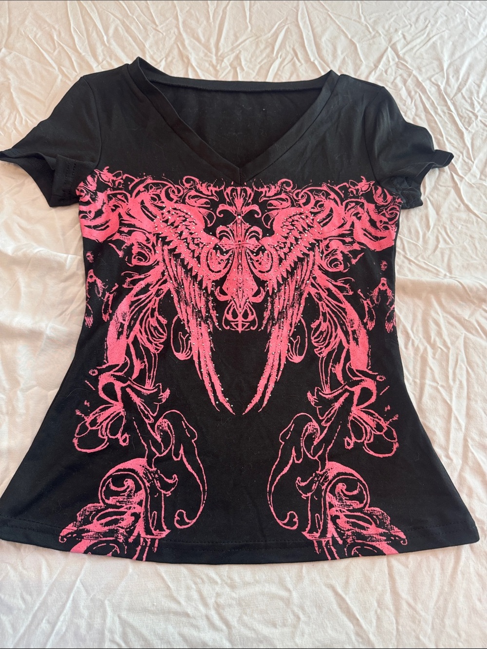 SHEIN XS Black V-Neck Tee with Bright Pink Wing Graphic